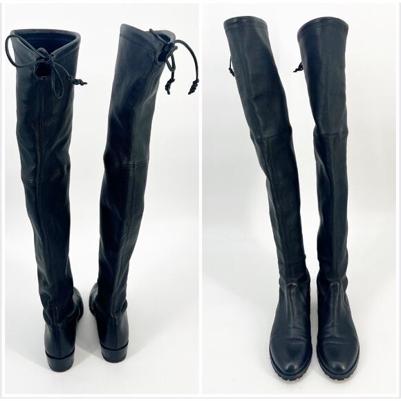 Stuart Weitzman Lowland Boots Women 7 Black Stretch Leather Over The Knee READ - Picture 2 of 11